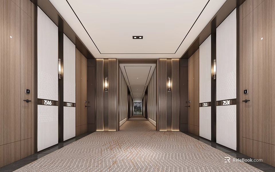 Elegant Modern Hotel Corridor With Wooden Panel Walls Patterned Carpet And Wall Sconces 3d model 