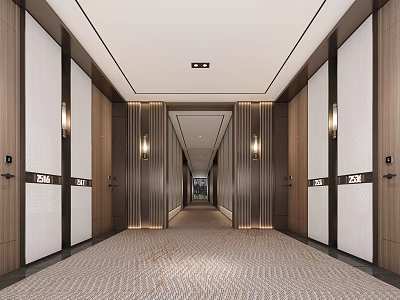 Elegant Modern Hotel Corridor With Wooden Panel Walls Patterned Carpet And Wall Sconces 3d model