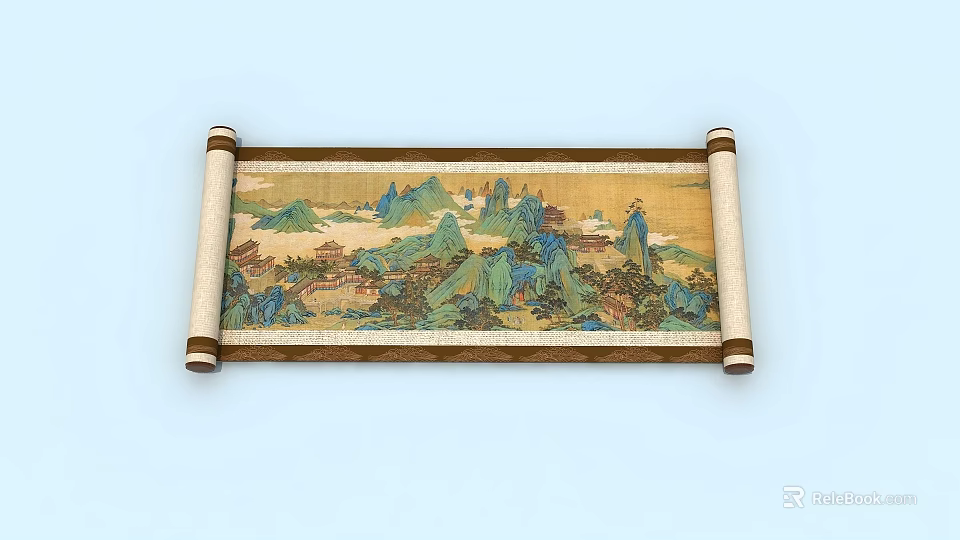 Traditional Chinese Scroll Landscape Painting With Mountain River Scenery Artwork 3d model 