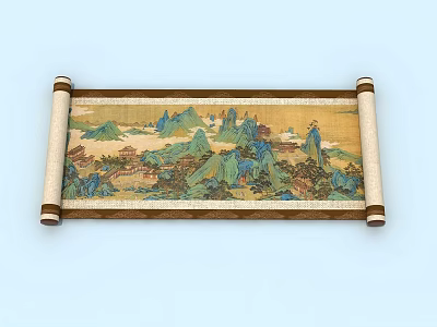 Traditional Chinese Scroll Landscape Painting With Mountain River Scenery Artwork 3d model