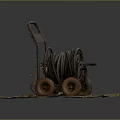 Rusted Garden Cart With Coiled Old Hose On Dirt Surface