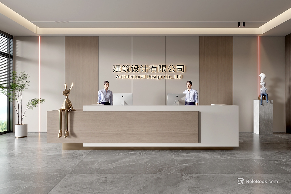 Modern Office Reception Desk With Staff Working Decorative Plants And Company Name Wall 3d model 