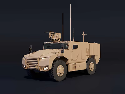 Beige All-Terrain Military Armored Vehicle with Antennas and Roof-Mounted Weapon System 3d model