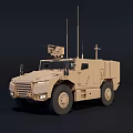 Beige All-Terrain Military Armored Vehicle with Antennas and Roof-Mounted Weapon System