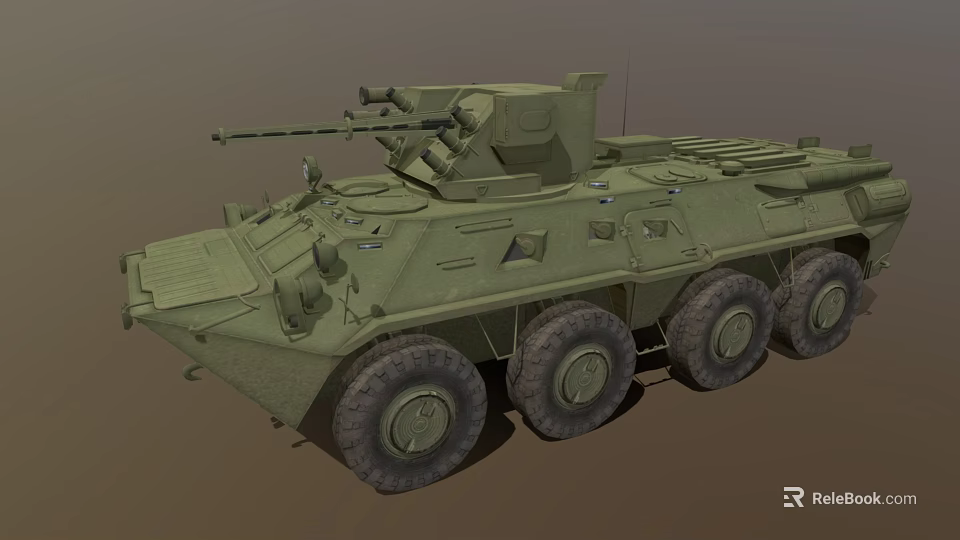 Military Green Armored Utility Vehicle With Six Wheeled Turret And Weapons 3d model 