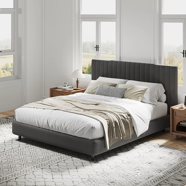 Modern Bedroom Interior With Gray Tufted Headboard White Bedding Beige Throw And Wooden Nightstands 3d model 