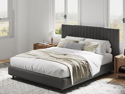 Modern Bedroom Interior With Gray Tufted Headboard White Bedding Beige Throw And Wooden Nightstands 3d model