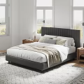 Modern Bedroom Interior With Gray Tufted Headboard White Bedding Beige Throw And Wooden Nightstands
