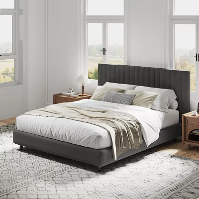 Modern Bedroom Interior With Gray Tufted Headboard White Bedding Beige Throw And Wooden Nightstands 3d model