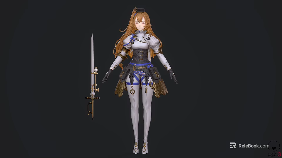 Female Game Character With Long Brown Hair White Armor Sword Belt And Gloves 3d model 