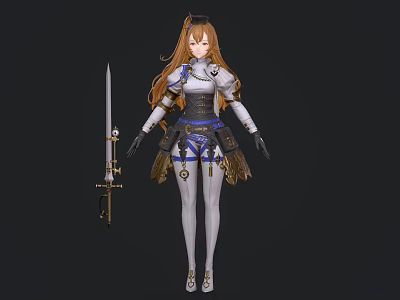 Female Game Character With Long Brown Hair White Armor Sword Belt And Gloves 3d model