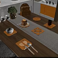 Wooden Kitchen Table Setting With Decorative Yellow Heat Resistant Mats Bowls Spoon Fork And Utensils