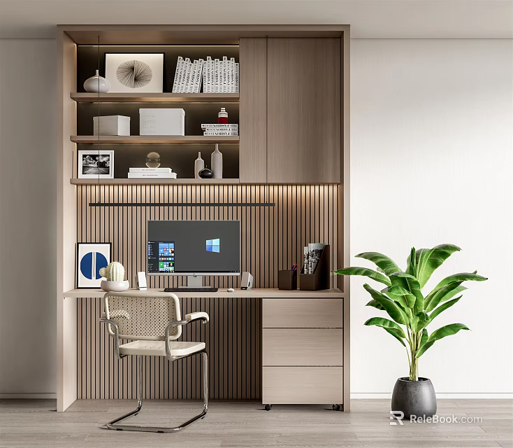 Modern Style Wooden Desk with Bookshelf Books Decorations Computer Desk Lamp Chair and Green Plant 3d model 