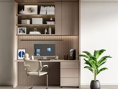 Modern Style Wooden Desk with Bookshelf Books Decorations Computer Desk Lamp Chair and Green Plant 3d model