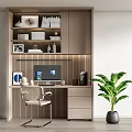 Modern Style Wooden Desk with Bookshelf Books Decorations Computer Desk Lamp Chair and Green Plant