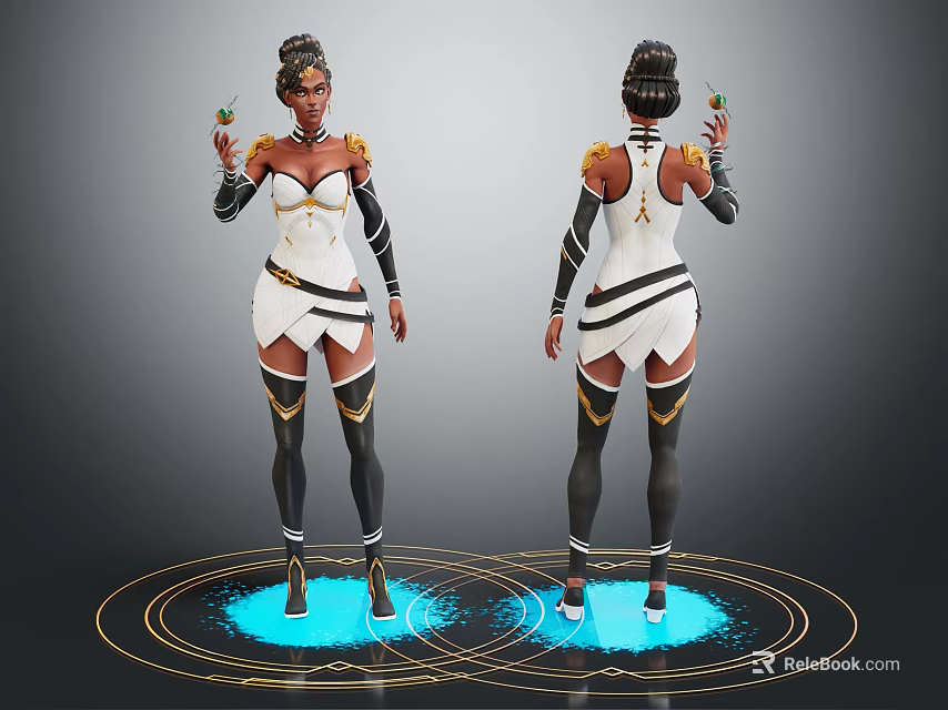 Woman Wearing White Black Outfit With Gold Accents Holding Green Item On Blue Glowing Circle 3d model 