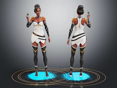 Woman Wearing White Black Outfit With Gold Accents Holding Green Item On Blue Glowing Circle 3d model