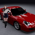 Red Sports Car With Stylish Woman Standing Beside In Modern Studio