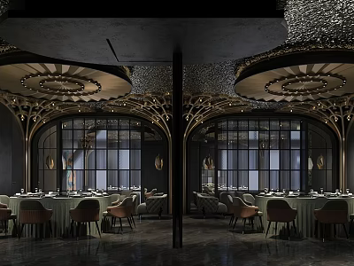 Luxurious Restaurant Interior With Arched Windows Golden Decor And Dining Tables 3d model