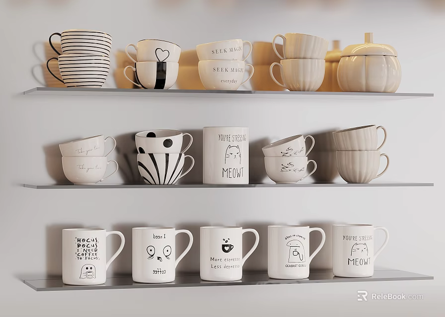 Stylish Tableware Set with Multiple Cups and Pumpkin Shaped Container on Shelves 3d model 