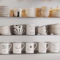 Stylish Tableware Set with Multiple Cups and Pumpkin Shaped Container on Shelves
