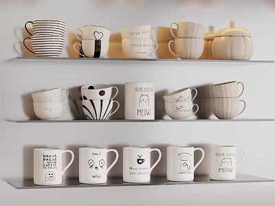 Stylish Tableware Set with Multiple Cups and Pumpkin Shaped Container on Shelves 3d model