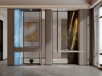 Modern Room Divider Design With Glass Panels Wooden Frames And Decorative Plants 3d model