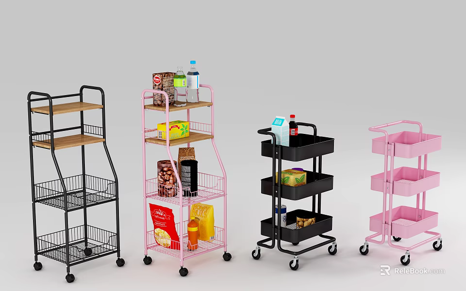 Multi Tier Storage Racks With Wheels In Black Pink For Snacks And Drinks Organization 3d model 