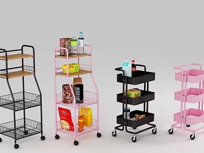 Multi Tier Storage Racks With Wheels In Black Pink For Snacks And Drinks Organization 3d model