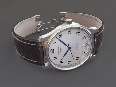 Luxury Longines Watch with Brown Leather Strap Silver Case White Dial Black Numbers Blue Hands 3d model