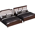 Two Modern Wooden Double Beds With Upholstered Headboards And Gray Bedding