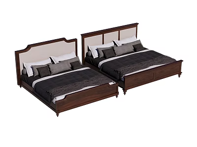 Two Modern Wooden Double Beds With Upholstered Headboards And Gray Bedding 3d model