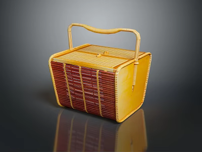 Yellow And Red Bamboo Handwoven Basket With Portable Handle For Daily Use 3d model