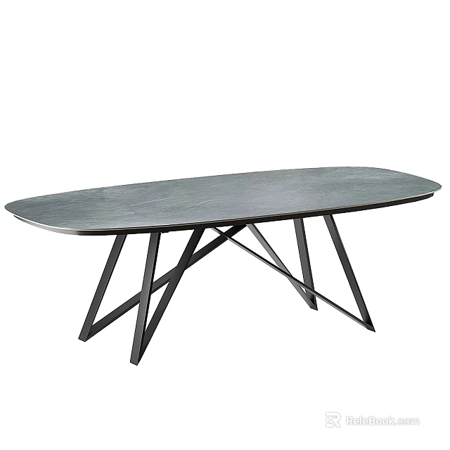 Modern Sleek Dining Table With Smooth Stone Top And Black Metal Crossed Legs 3d model 