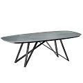 Modern Sleek Dining Table With Smooth Stone Top And Black Metal Crossed Legs