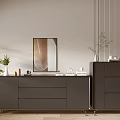 Contemporary Entryway Cabinet And Side Cabinet With Dark Surface Metal Legs And Decorative Plants