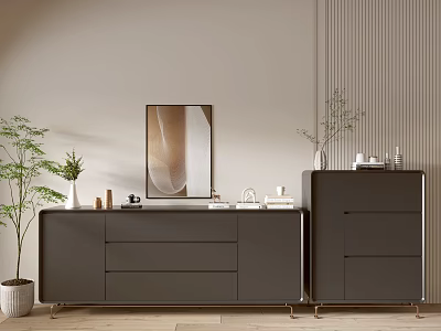Contemporary Entryway Cabinet And Side Cabinet With Dark Surface Metal Legs And Decorative Plants 3d model