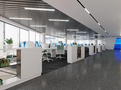 Modern Open Public Office Space Design With Workstations Computers And Green Plants 3d model