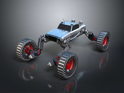 Futuristic Off Road Vehicle With Large Red Rimmed Wheels And Metallic Silver Body 3d model