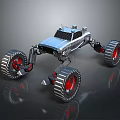 Futuristic Off Road Vehicle With Large Red Rimmed Wheels And Metallic Silver Body