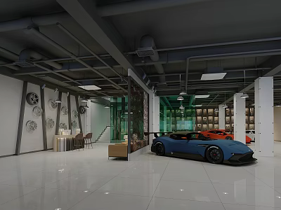 Modern Car Dealership Showroom With Blue Sports Car Orange Vehicle Display Wall Decorations And Seating 3d model