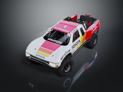 Toyota Off Road Rally Truck White Pink Yellow Stripes Number 1 Open Top Large Tires 3d model