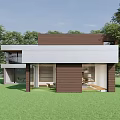 Modern Detached House With Brown And White Facade In Green Lawn Surrounded By Trees