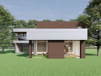Modern Detached House With Brown And White Facade In Green Lawn Surrounded By Trees 3d model