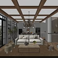 Open Concept Living Dining Room Interior With Wooden Ceiling Pendant Lights And White Sofa