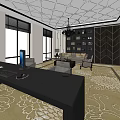 Elegant Office Interior Design With Chandelier Bookshelves Sofa Floral Carpet Desk And Office Chairs