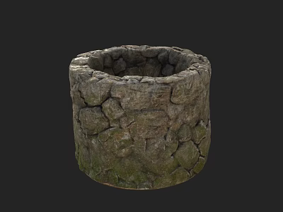 Circular Grayish Brown Stone Container With Cracked Surface And Green Moss 3d model