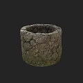Circular Grayish Brown Stone Container With Cracked Surface And Green Moss 3d model