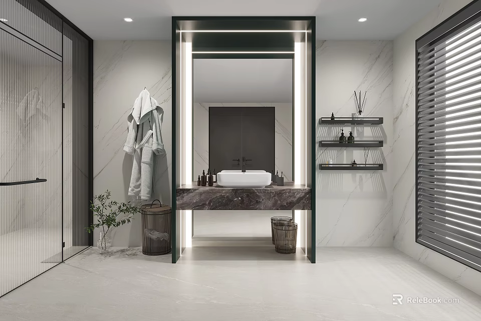 Modern Minimalist Marble Bathroom Interior With Backlit Large Mirror Vanity And Framed Glass Shower Enclosure 3d model 