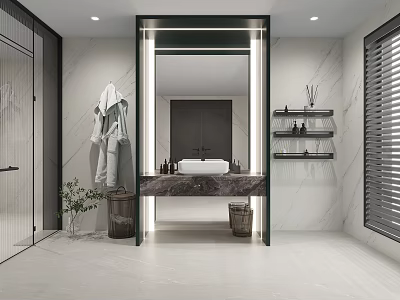 Modern Minimalist Marble Bathroom Interior With Backlit Large Mirror Vanity And Framed Glass Shower Enclosure 3d model